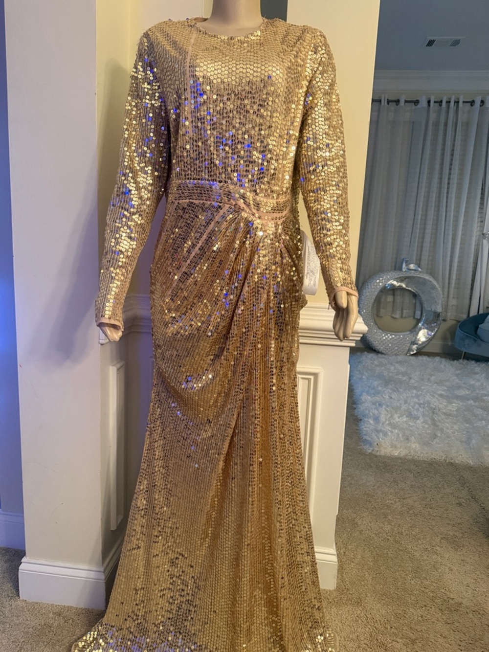 Mac Duggal Gold Sequin Long Sleeve Evening Gown